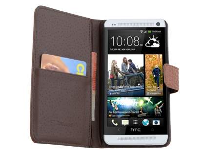 TS-CASE crocodile pattern Genuine leather Wallet Case for HTC One M7 - Brown