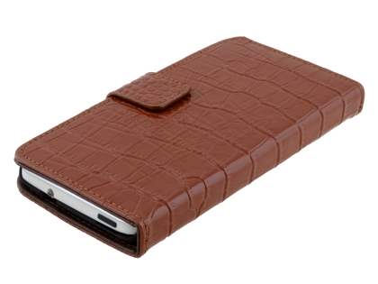 TS-CASE crocodile pattern Genuine leather Wallet Case for HTC One M7 - Brown