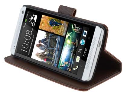 TS-CASE crocodile pattern Genuine leather Wallet Case for HTC One M7 - Brown