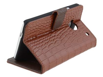 TS-CASE crocodile pattern Genuine leather Wallet Case for HTC One M7 - Brown