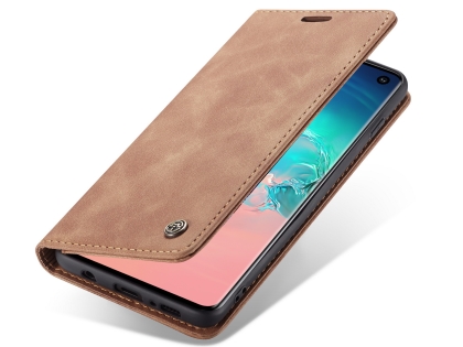 CaseMe Slim Synthetic Leather Wallet Case with Stand for Samsung Galaxy S10 - Tan Leather Wallet Case