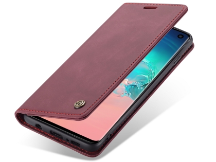 CaseMe Slim Synthetic Leather Wallet Case with Stand for Samsung Galaxy S10 - Burgundy Leather Wallet Case