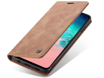 CaseMe Slim Synthetic Leather Wallet Case with Stand for Samsung Galaxy S10e - Tan Leather Wallet Case