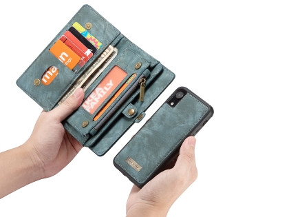 CaseMe 2-in-1 Synthetic Leather Wallet Case for iPhone XR - Teal/Ash