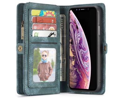 CaseMe 2-in-1 Synthetic Leather Wallet Case for iPhone XS Max - Teal/Ash