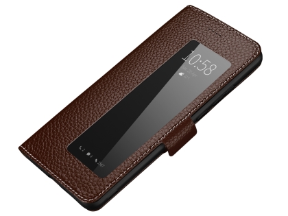 Top Grain Leather Case With Windows for Huawei P30 - Brown Leather Case