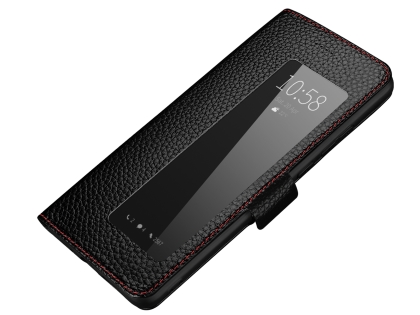 Top Grain Leather Case With Windows for Huawei P30 - Black Leather Case