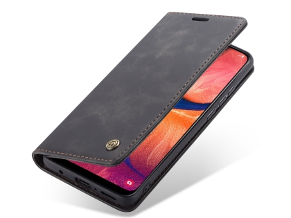 CaseMe Slim Synthetic Leather Wallet Case with Stand for Samsung Galaxy A20 - Charcoal Leather Wallet Case
