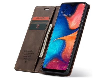 CaseMe Slim Synthetic Leather Wallet Case with Stand for Samsung Galaxy A20 - Chocolate