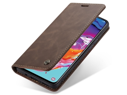 CaseMe Slim Synthetic Leather Wallet Case with Stand for Samsung Galaxy A70 - Chocolate Leather Wallet Case