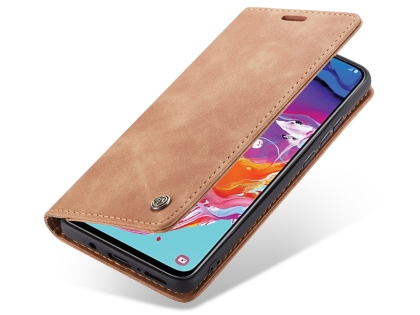CaseMe Slim Synthetic Leather Wallet Case with Stand for Samsung Galaxy A70 - Tan Leather Wallet Case