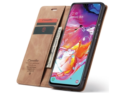 CaseMe Slim Synthetic Leather Wallet Case with Stand for Samsung Galaxy A70 - Tan
