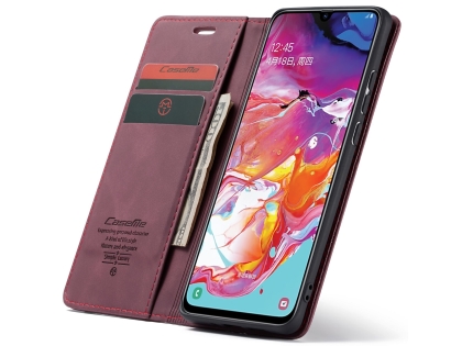 CaseMe Slim Synthetic Leather Wallet Case with Stand for Samsung Galaxy A70 - Burgundy