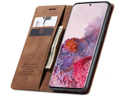 CaseMe Slim Synthetic Leather Wallet Case with Stand for Samsung Galaxy S20 - Tan