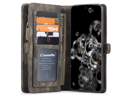 CaseMe 2-in-1 Synthetic Leather Wallet Case for Samsung Galaxy S20 - Khaki/Grey