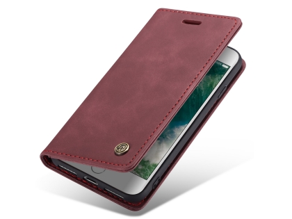 CaseMe Slim Synthetic Leather Wallet Case with Stand for iPhone SE 2 / SE 3 - Burgundy Leather Wallet Case