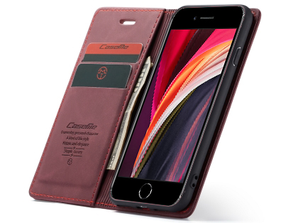 CaseMe Slim Synthetic Leather Wallet Case with Stand for iPhone SE 2 / SE 3 - Burgundy