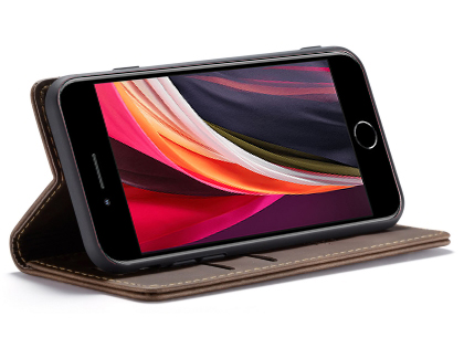 CaseMe Slim Synthetic Leather Wallet Case with Stand for iPhone SE 2 / SE 3 - Chocolate