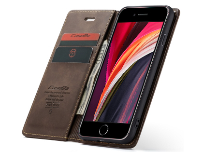 CaseMe Slim Synthetic Leather Wallet Case with Stand for iPhone SE 2 / SE 3 - Chocolate