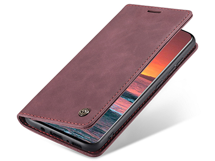 CaseMe Slim Synthetic Leather Wallet Case with Stand for Samsung Galaxy A21s - Burgundy Leather Wallet Case