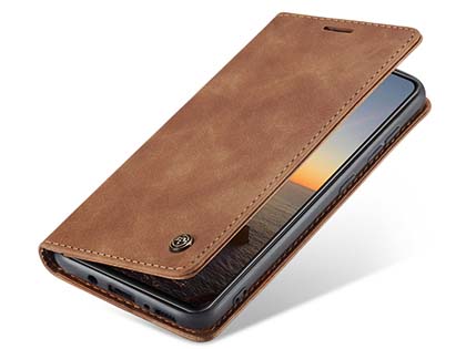 CaseMe Slim Synthetic Leather Wallet Case with Stand for Samsung Galaxy A21s - Tan Leather Wallet Case