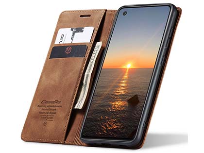 CaseMe Slim Synthetic Leather Wallet Case with Stand for Samsung Galaxy A21s - Tan