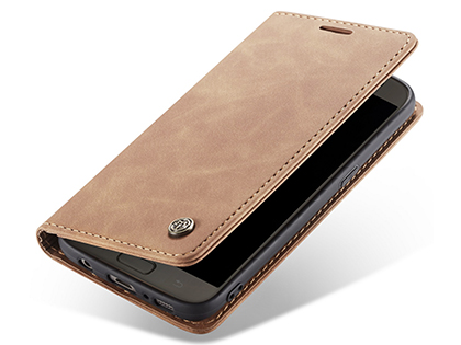CaseMe Slim Synthetic Leather Wallet Case with Stand for Samsung Galaxy S7 Edge - Tan Leather Wallet Case
