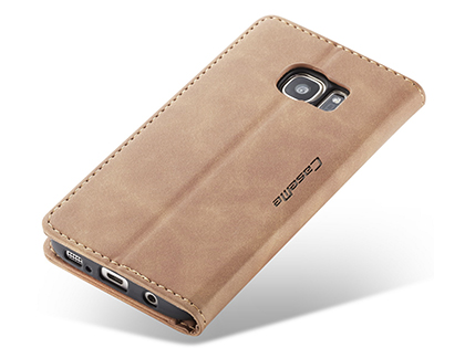 CaseMe Slim Synthetic Leather Wallet Case with Stand for Samsung Galaxy S7 Edge - Tan