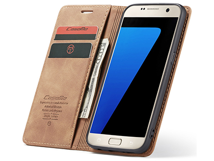 CaseMe Slim Synthetic Leather Wallet Case with Stand for Samsung Galaxy S7 Edge - Tan