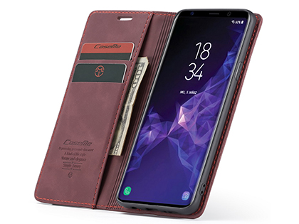 CaseMe Slim Synthetic Leather Wallet Case with Stand for Samsung Galaxy S9 - Burgundy