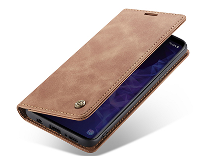 CaseMe Slim Synthetic Leather Wallet Case with Stand for Samsung Galaxy S9 - Tan Leather Wallet Case