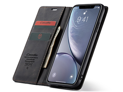 CaseMe Slim Synthetic Leather Wallet Case with Stand for iPhone XR - Charcoal