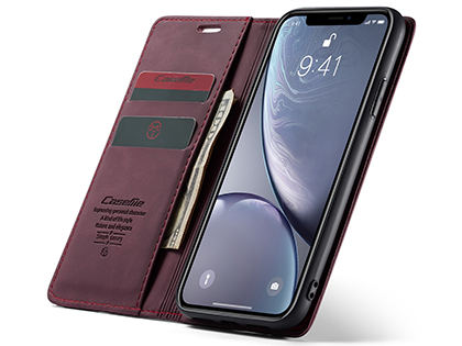 CaseMe Slim Synthetic Leather Wallet Case with Stand for iPhone XR - Burgundy