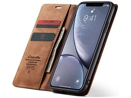 CaseMe Slim Synthetic Leather Wallet Case with Stand for iPhone XR - Tan