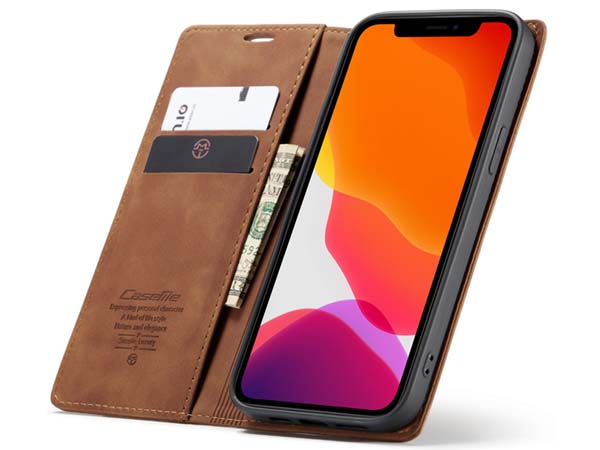 CaseMe Slim Synthetic Leather Wallet Case with Stand for iPhone 12 Pro - Tan