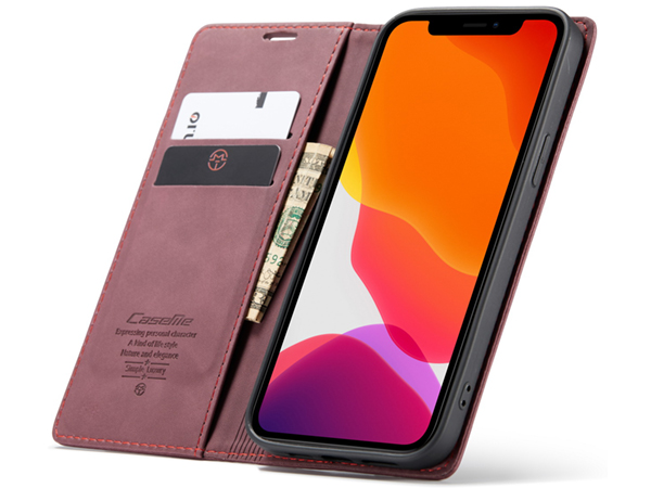 CaseMe Slim Synthetic Leather Wallet Case with Stand for iPhone 12 - Burgundy