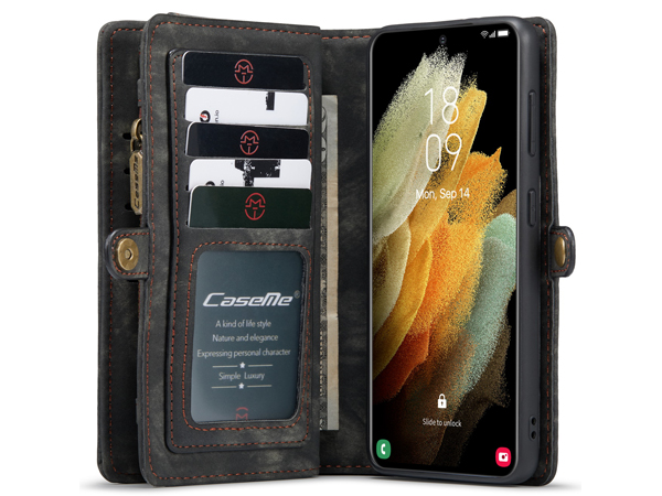 CaseMe 2-in-1 Synthetic Leather Wallet Case for Samsung Galaxy S21+ - Khaki/Grey