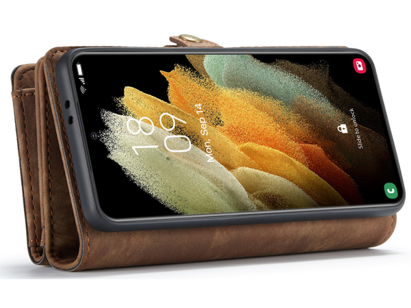 CaseMe 2-in-1 Synthetic Leather Wallet Case for Samsung Galaxy S21+ - Beige/Tan