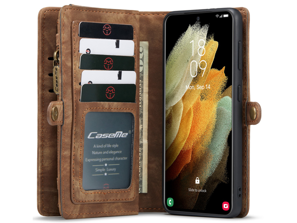 CaseMe 2-in-1 Synthetic Leather Wallet Case for Samsung Galaxy S21+ - Beige/Tan
