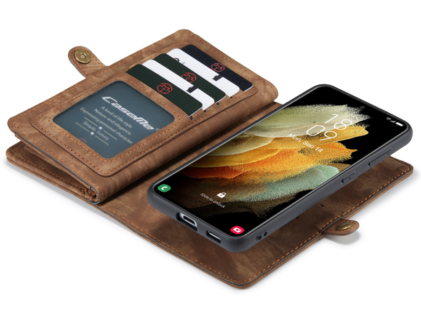 CaseMe 2-in-1 Synthetic Leather Wallet Case for Samsung Galaxy S21 Ultra - Beige/Tan
