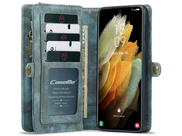 CaseMe 2-in-1 Synthetic Leather Wallet Case for Samsung Galaxy S21 Ultra - Teal/Ash
