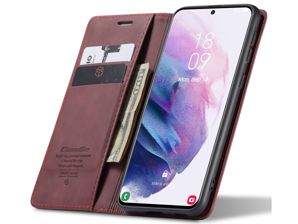CaseMe Slim Synthetic Leather Wallet Case with Stand for Samsung Galaxy S21 - Burgundy