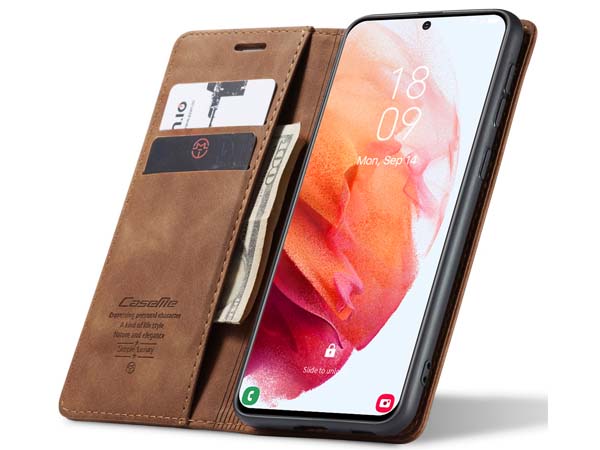 CaseMe Slim Synthetic Leather Wallet Case with Stand for Samsung Galaxy S21 - Tan