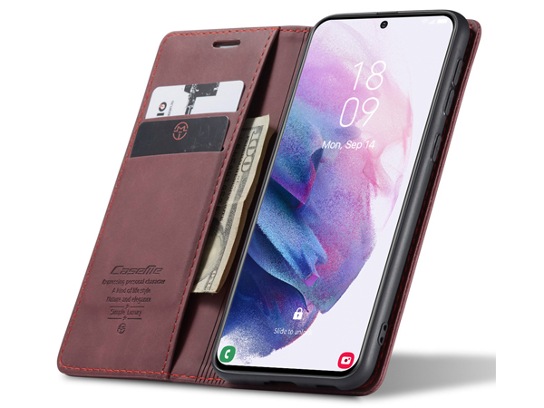 CaseMe Slim Synthetic Leather Wallet Case with Stand for Samsung Galaxy S21+ - Burgundy