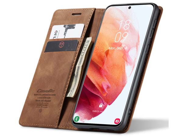 CaseMe Slim Synthetic Leather Wallet Case with Stand for Samsung Galaxy S21+ - Tan