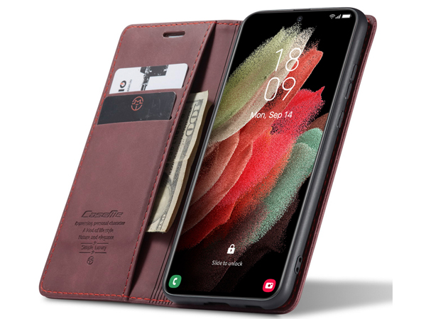 CaseMe Slim Synthetic Leather Wallet Case with Stand for Samsung Galaxy S21 Ultra - Burgundy
