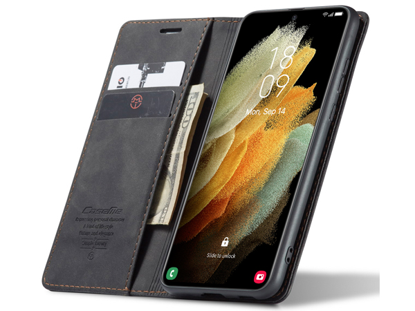 CaseMe Slim Synthetic Leather Wallet Case with Stand for Samsung Galaxy S21 Ultra - Charcoal