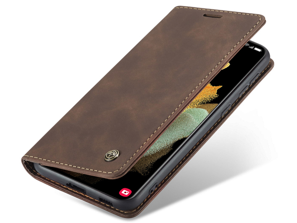 CaseMe Slim Synthetic Leather Wallet Case with Stand for Samsung Galaxy S21 Ultra - Chocolate Leather Wallet Case