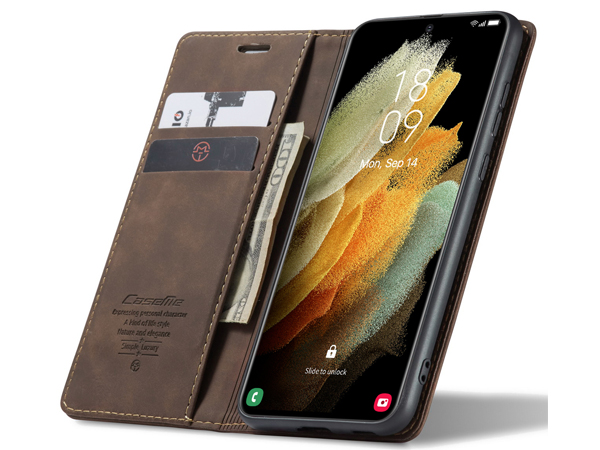 CaseMe Slim Synthetic Leather Wallet Case with Stand for Samsung Galaxy S21 Ultra - Chocolate
