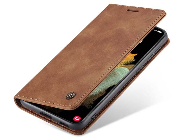 CaseMe Slim Synthetic Leather Wallet Case with Stand for Samsung Galaxy S21 Ultra - Tan Leather Wallet Case